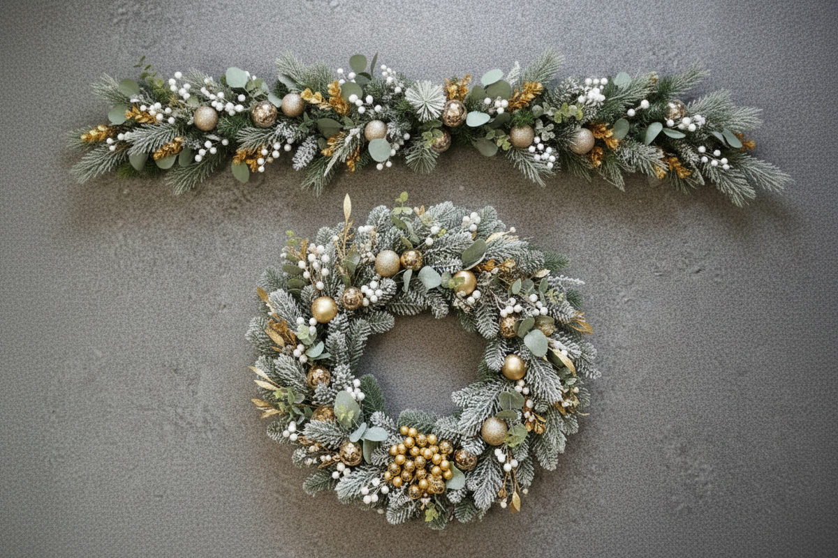 Frosted gold and white Christmas 6ft garland and matching wreath set displayed together on a grey background