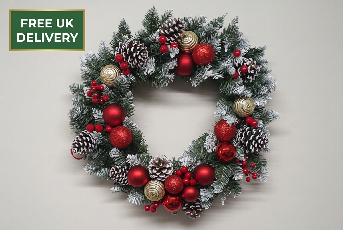 Frosted red and gold wreath with badge