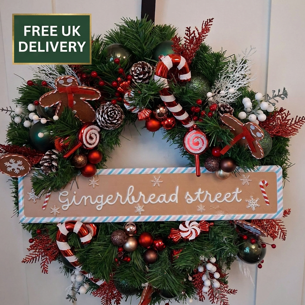Gingerbread Street wreath with delivery badge