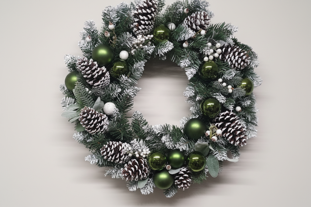 50cm frosted green and white Christmas wreath with forest green baubles, frosted pine cones and white berry clusters on a white background