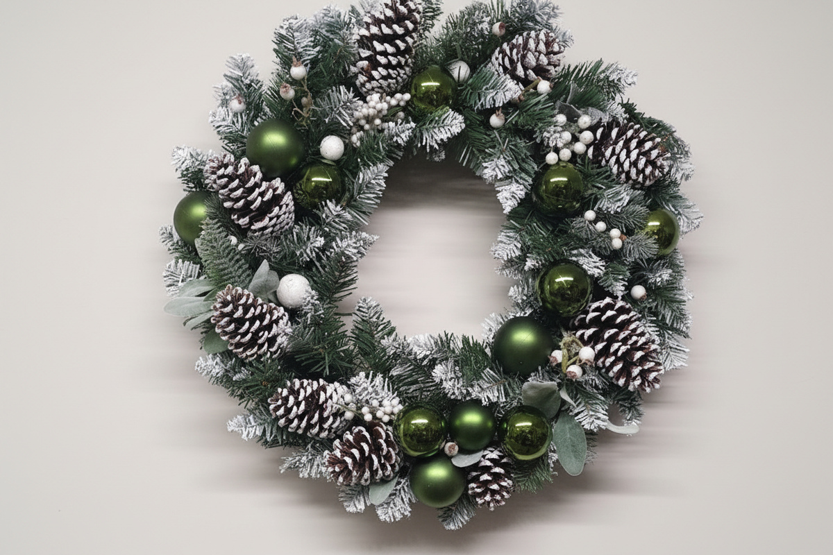 50cm frosted green and white Christmas wreath with forest green baubles, frosted pine cones and white berry clusters on a white background