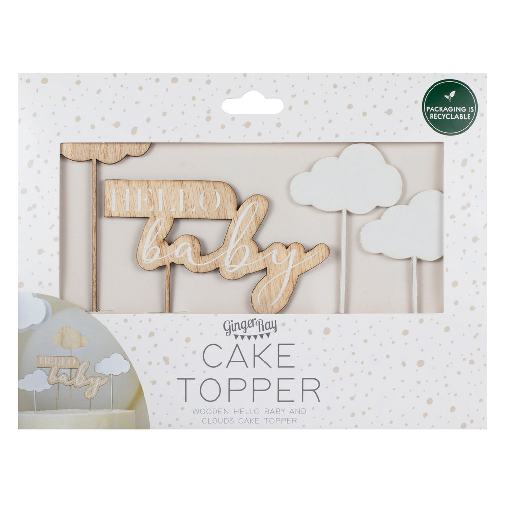 Wooden Hello Baby and Clouds Baby Shower Cake Topper