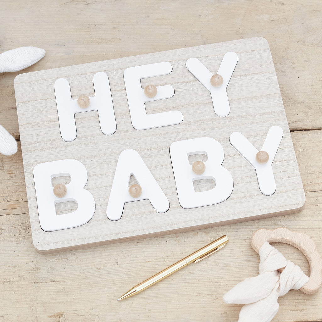 Hey Baby Wooden Puzzle Baby Shower Guest Book- 5 Inner Pack
