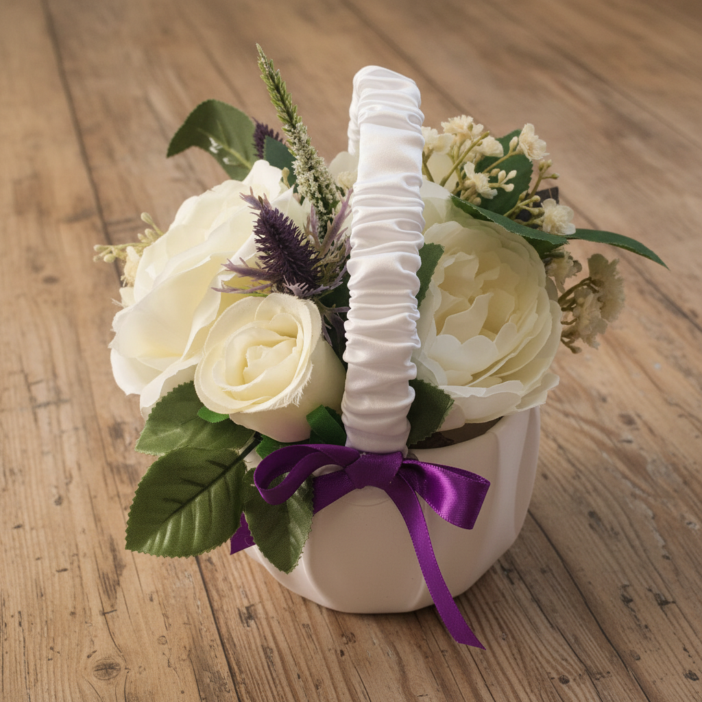 Flower girl basket on rustic wooden table