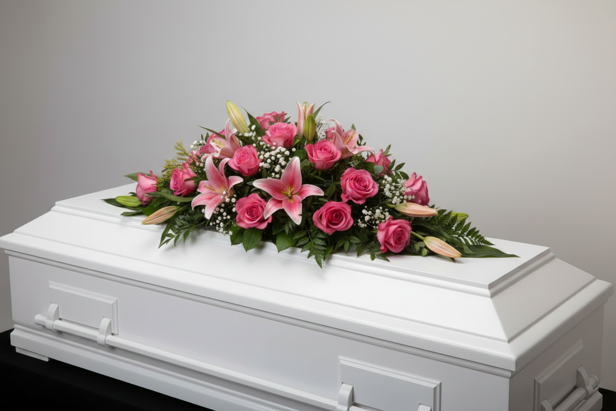 Pink rose and lily casket spray funeral tribute