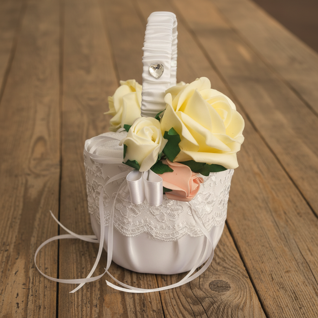 Flower girl basket on rustic wooden table