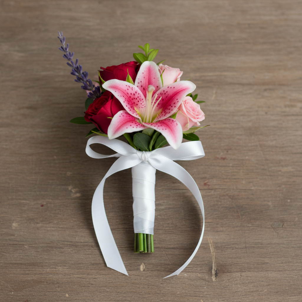 Calantha flower girl posy - tiny palm-sized posy with one pink stargazer lily, red and pink roses and a sprig of lavender