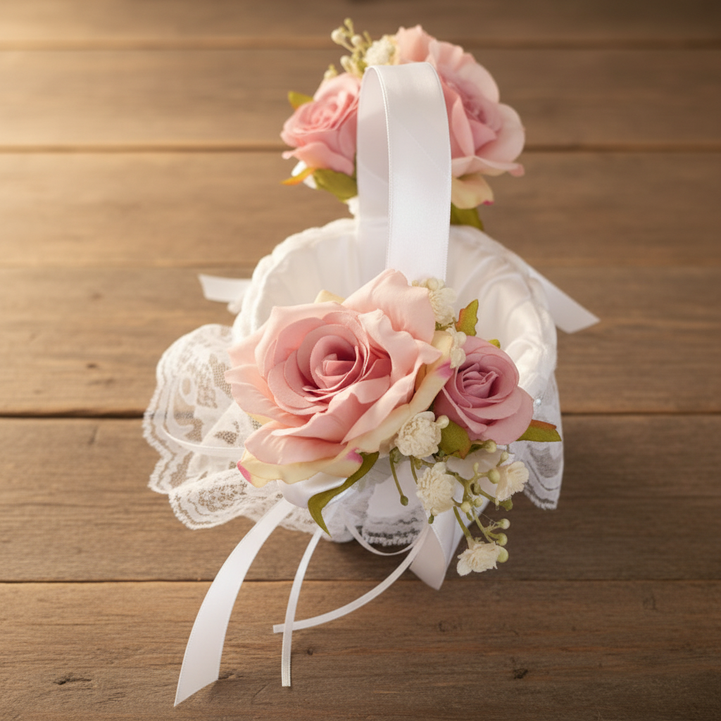 Flower girl basket on rustic wooden table