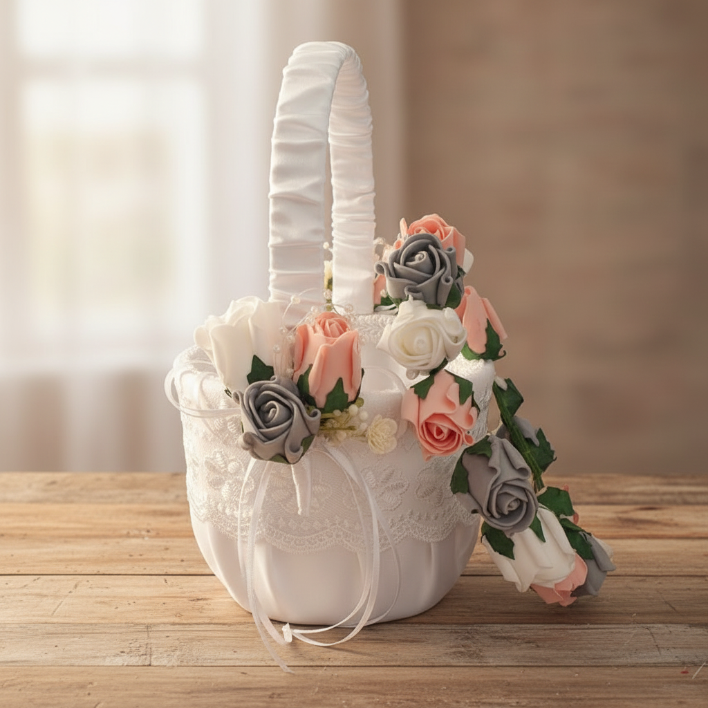 Flower girl basket on rustic wooden table