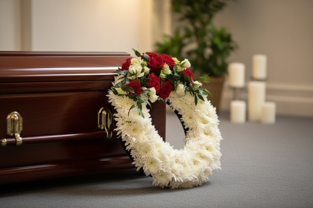 White chrysanthemum funeral wreath stood against a dark wood casket