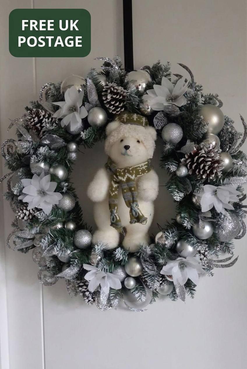Silver and white polar bear Christmas wreath with green Free UK Postage tag