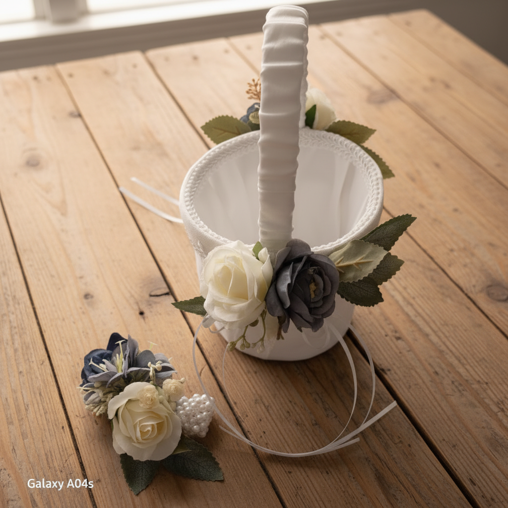 Flower girl basket on rustic wooden table