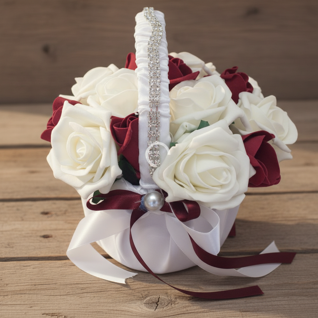 Flower girl basket on rustic wooden table