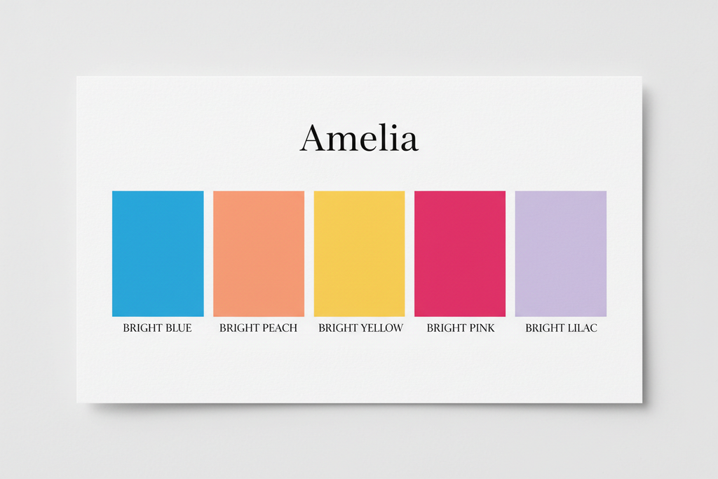 Amelia colour palette — Bright Blue, Peach, Yellow, Pink & Lilac