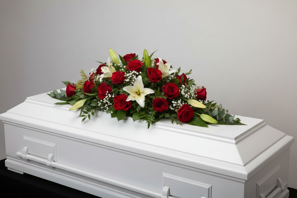 Red rose and white lily casket spray funeral tribute