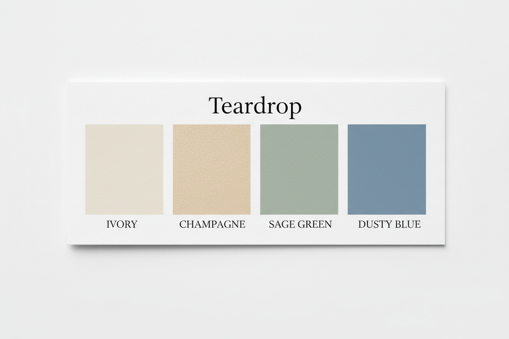 Teardrop colour palette — Ivory, Champagne, Sage Green & Dusty Blue
