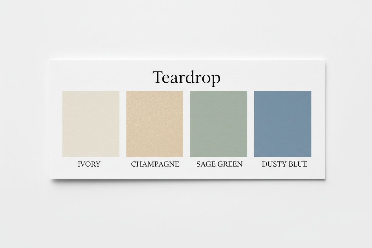 Teardrop colour palette — Ivory, Champagne, Sage Green & Dusty Blue