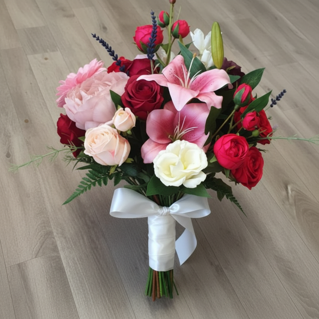 Calantha bridesmaid bouquet - compact jewel-toned arrangement with pink lily, red and pink roses, blush peonies and lavender