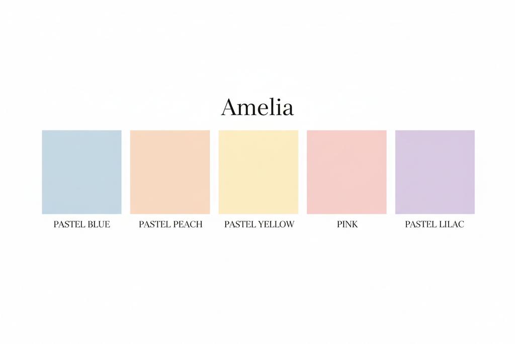 Amelia colour palette — Pastel Blue, Peach, Yellow, Pink & Lilac