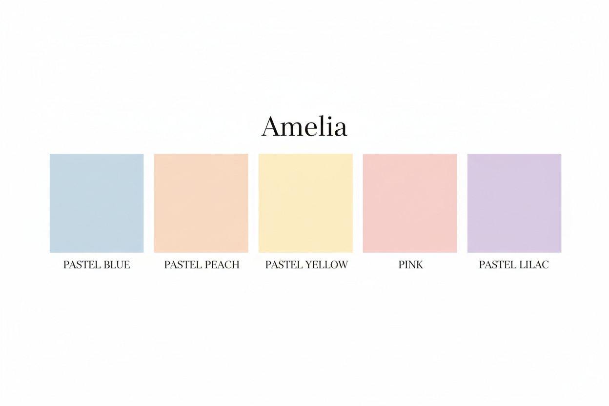 Amelia colour palette — Pastel Blue, Peach, Yellow, Pink & Lilac