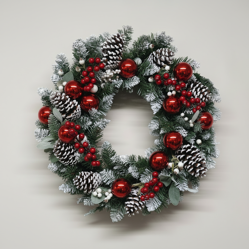 50cm Christmas wreath with frosted pine, red baubles, red berries and white berry clusters