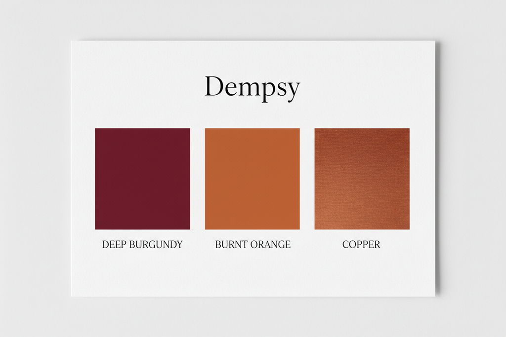 Dempsy colour palette — Deep Burgundy, Burnt Orange & Copper