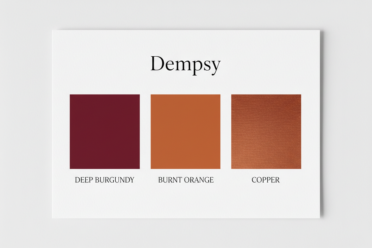 Dempsy colour palette — Deep Burgundy, Burnt Orange & Copper