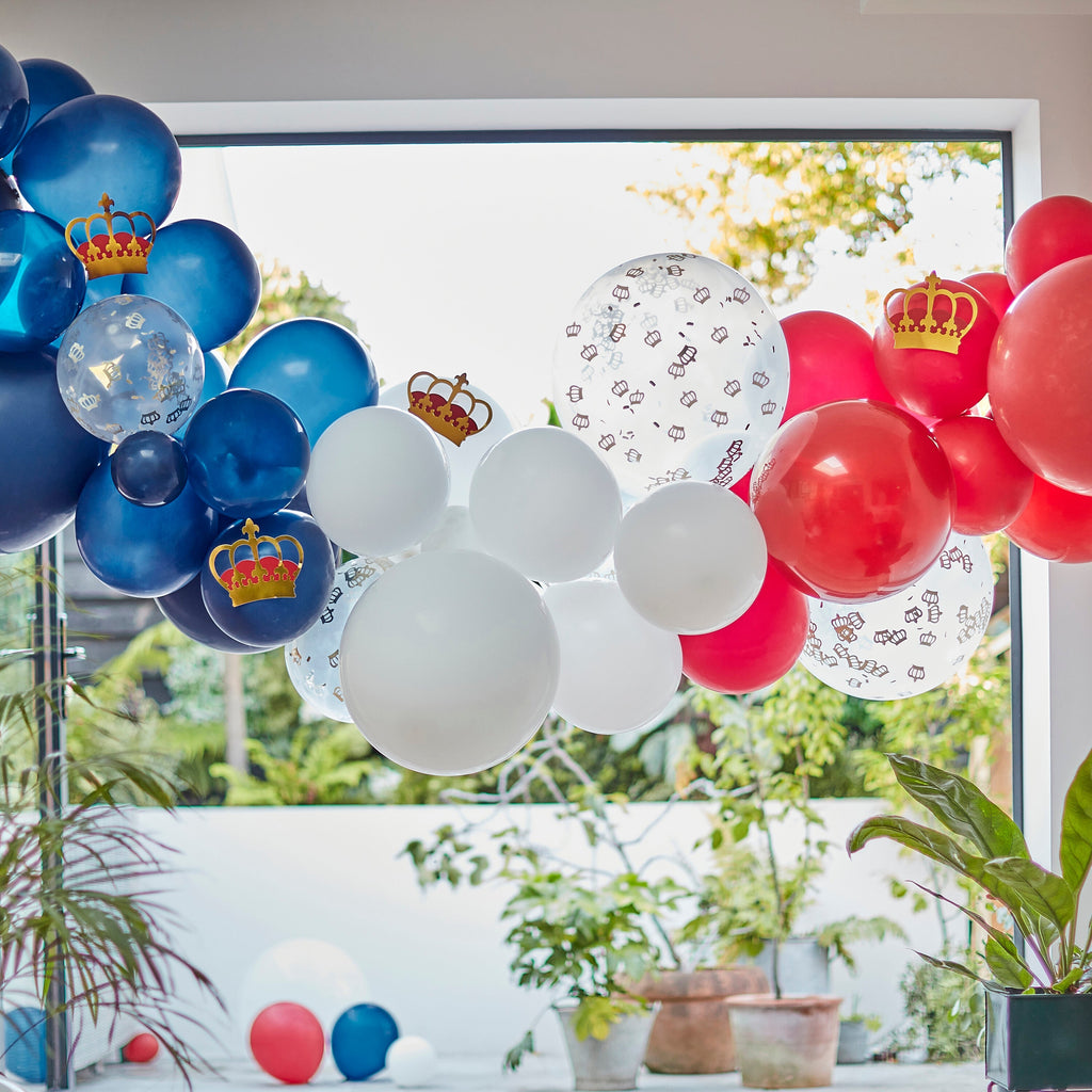 Red, White & Blue Confetti Balloon Arch With Crowns- 5 Inner Pack