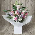 Lily and rose bouquet with white paper and box, no ribbon
