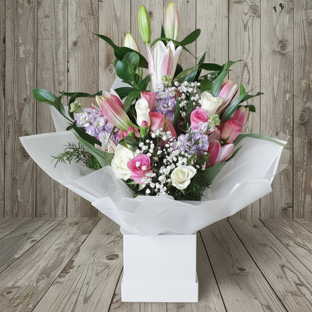 Lily and rose bouquet with white paper and box, no ribbon