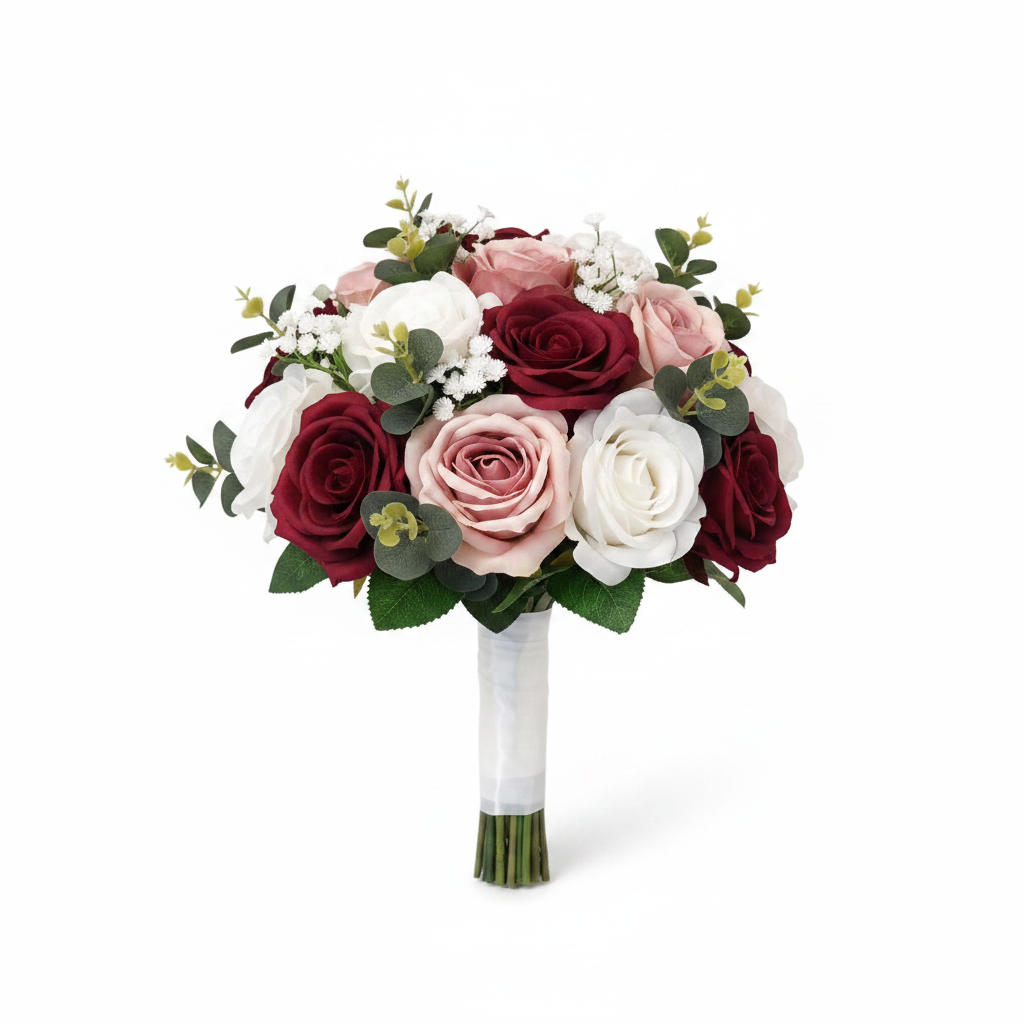 Luna artificial bridal bouquet in burgundy dusky pink and ivory roses on white background