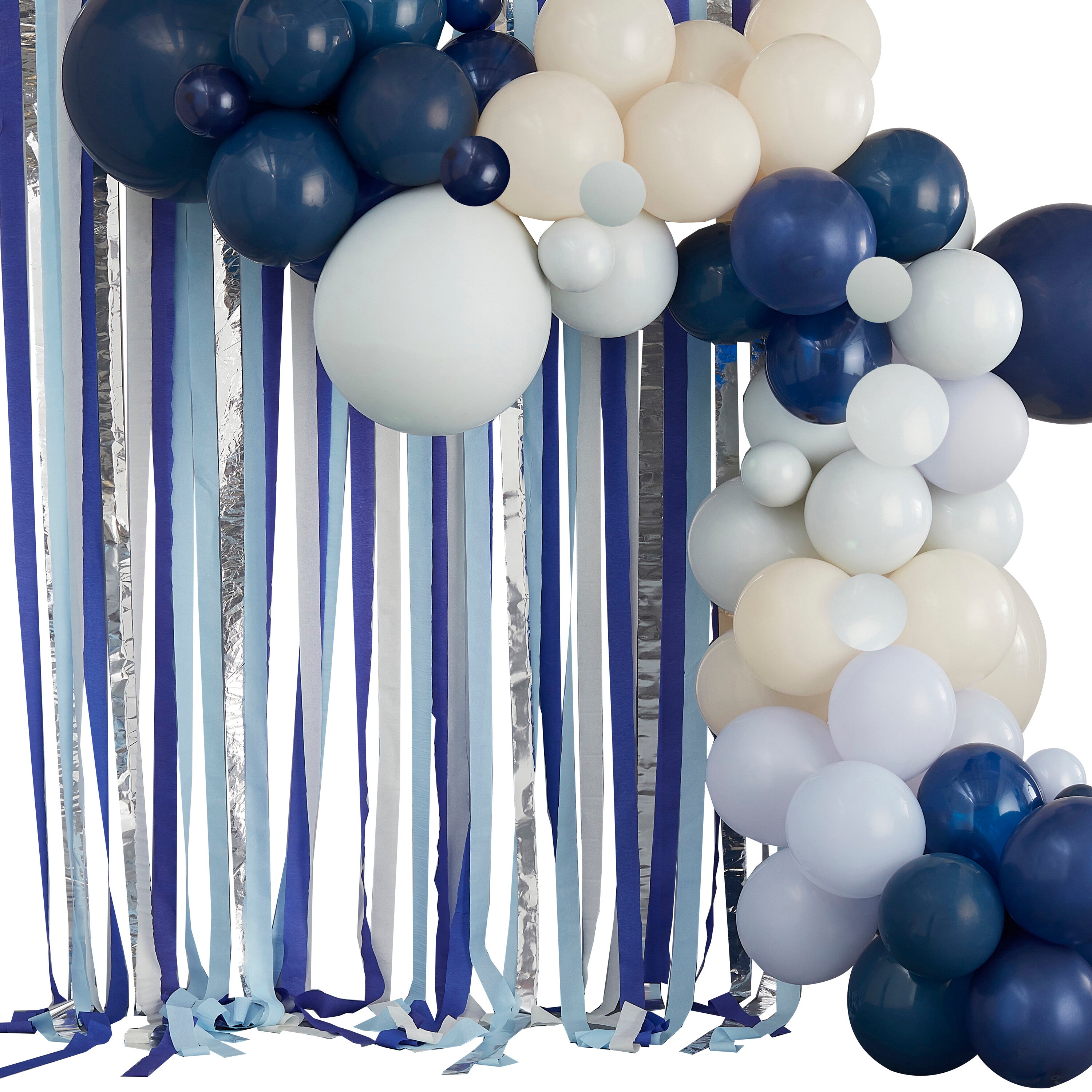 Blauer, cremefarbener und silberner Streamer und Ballonbogen Party-Hintergrund – 5 Innenverpackung