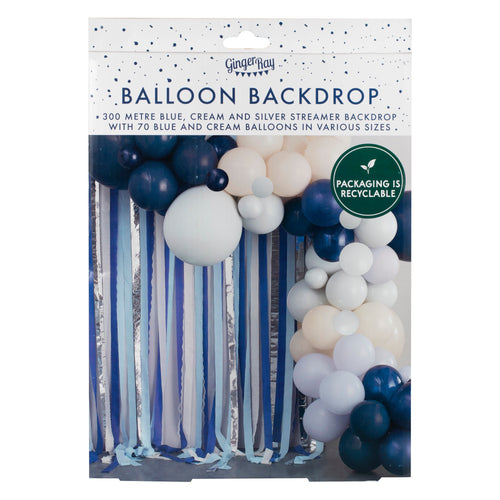 Blauer, cremefarbener und silberner Streamer und Ballonbogen Party-Hintergrund – 5 Innenverpackung
