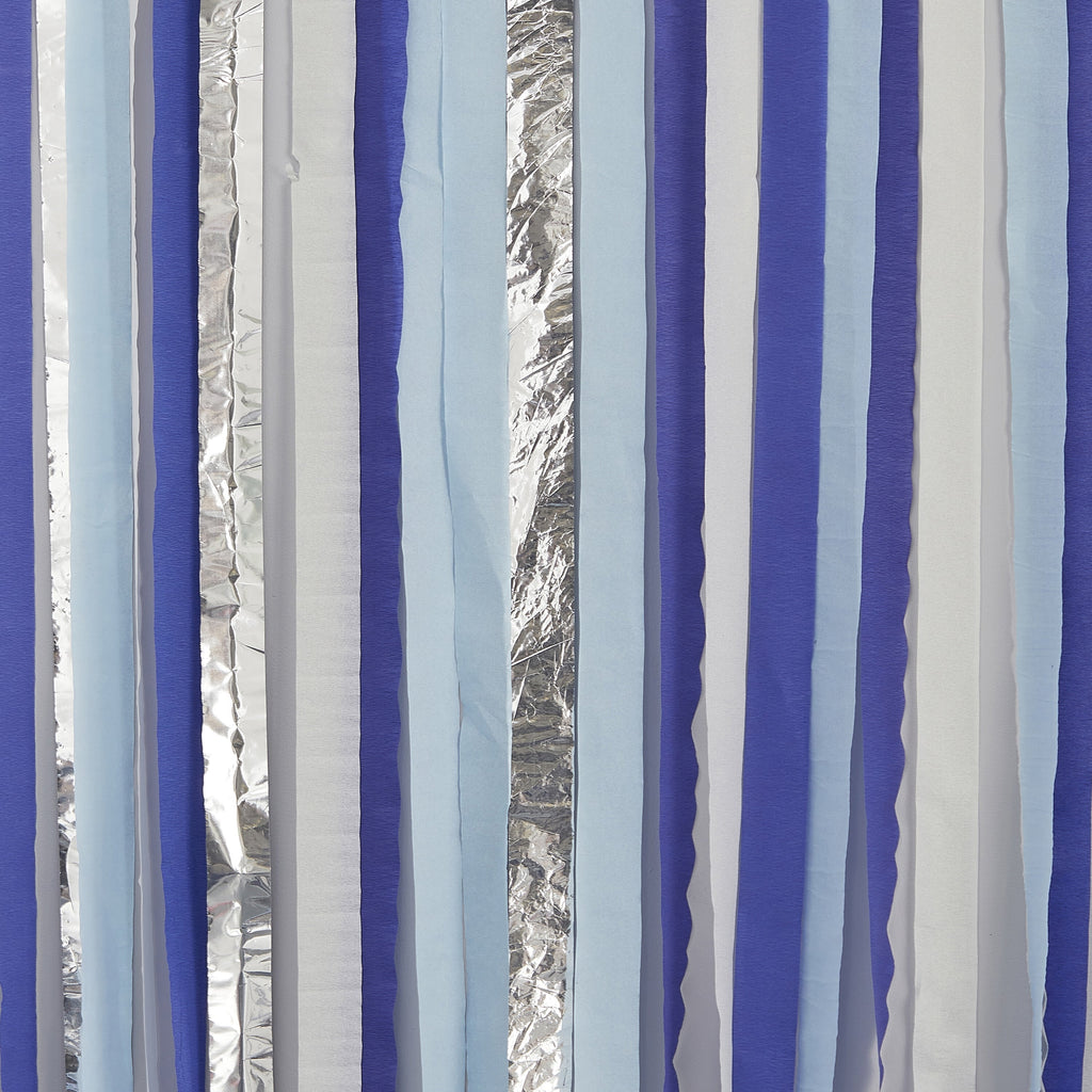 Blue and Silver Streamer Party Backdrop