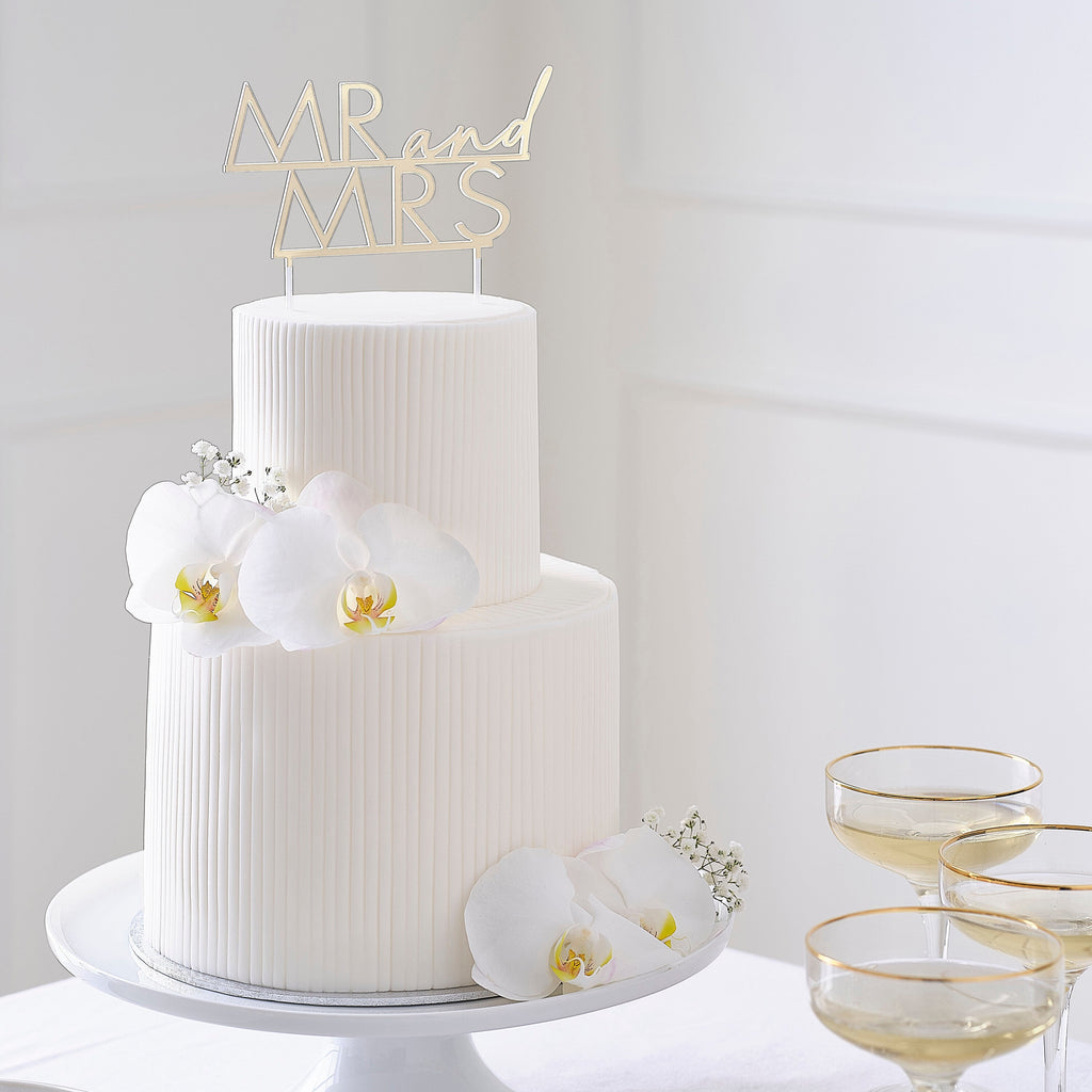 Gold Acrylic Mr & Mrs Wedding Cake Topper- 5 Inner Pack