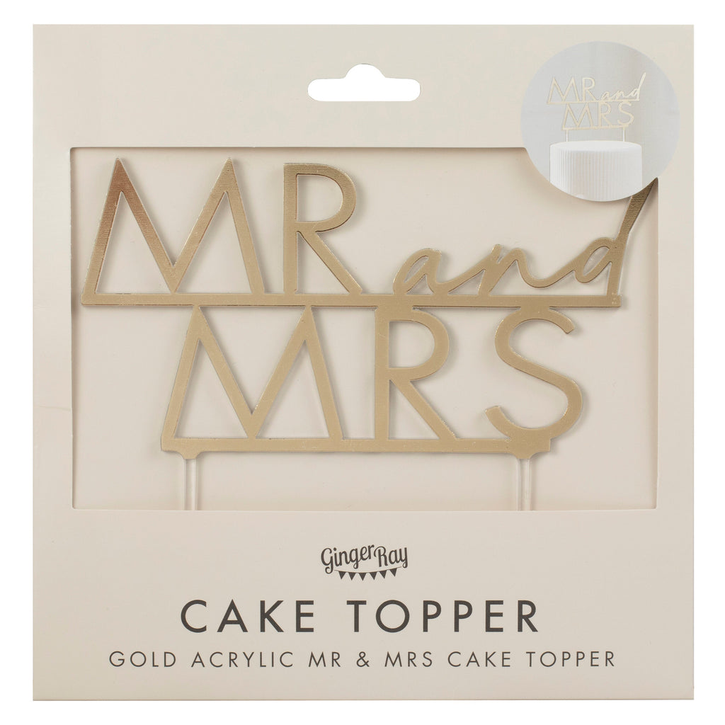Gold Acrylic Mr & Mrs Wedding Cake Topper- 5 Inner Pack