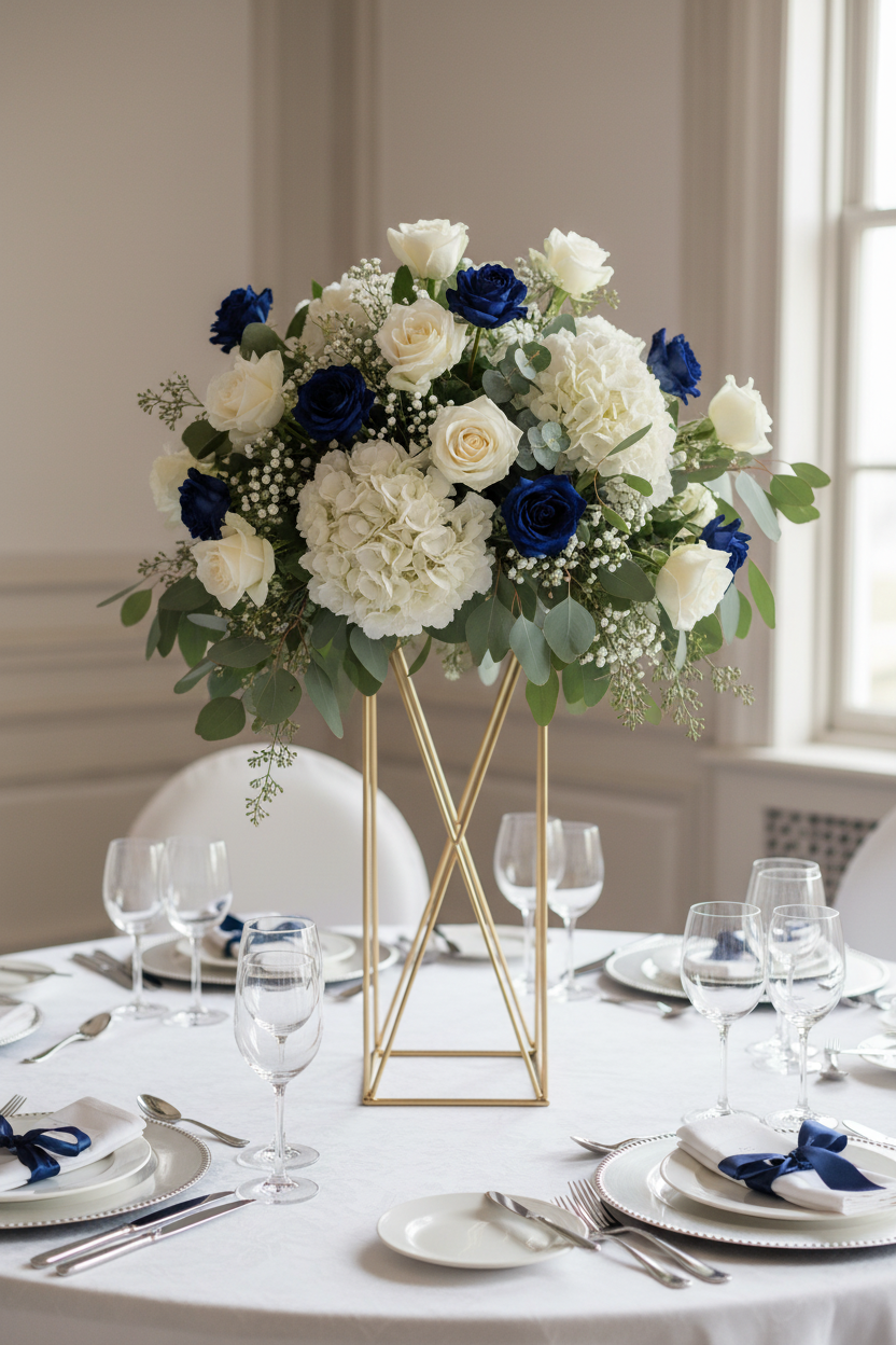 Navy and white table centre in elegant setting