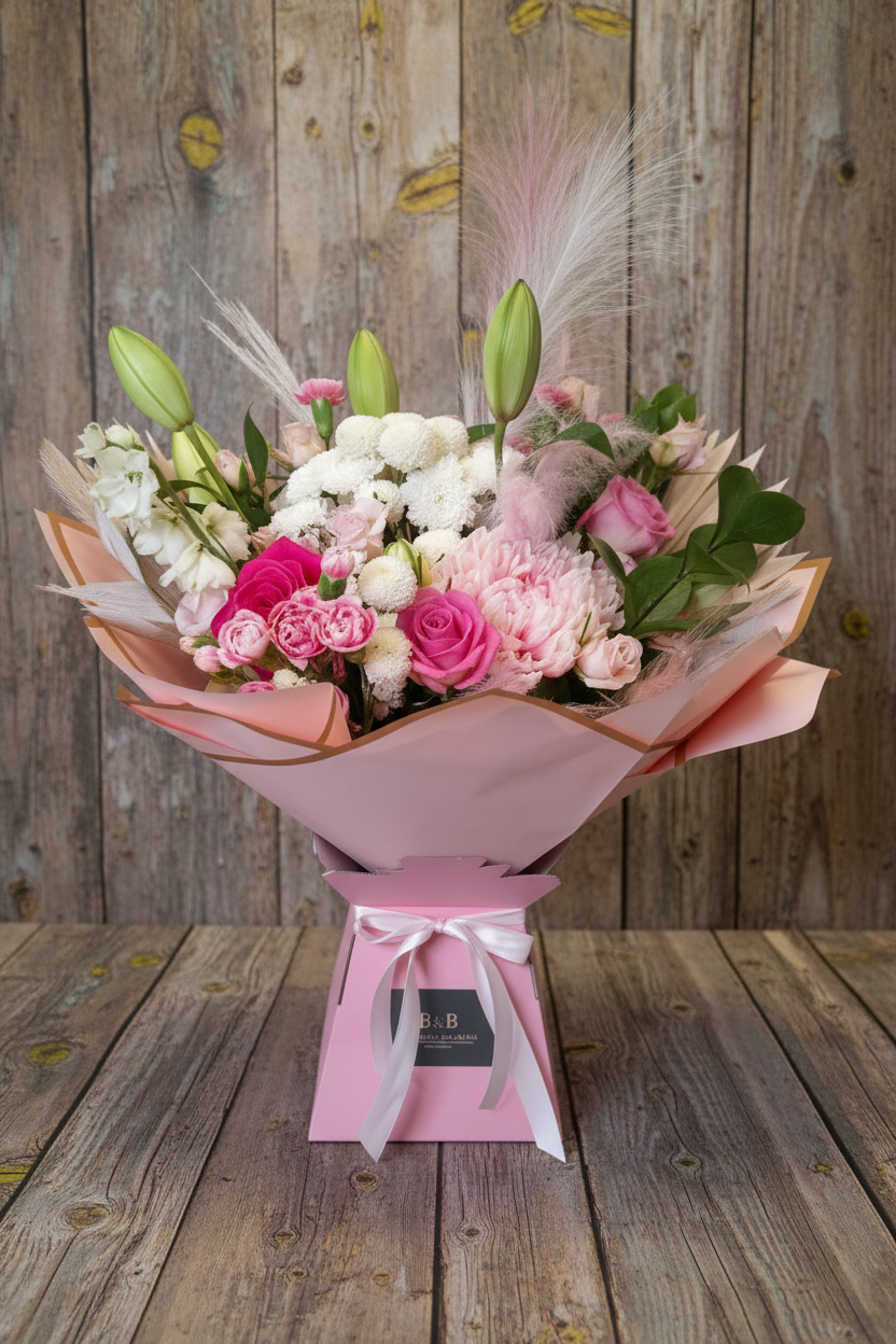 Pink bouquet on rustic wood