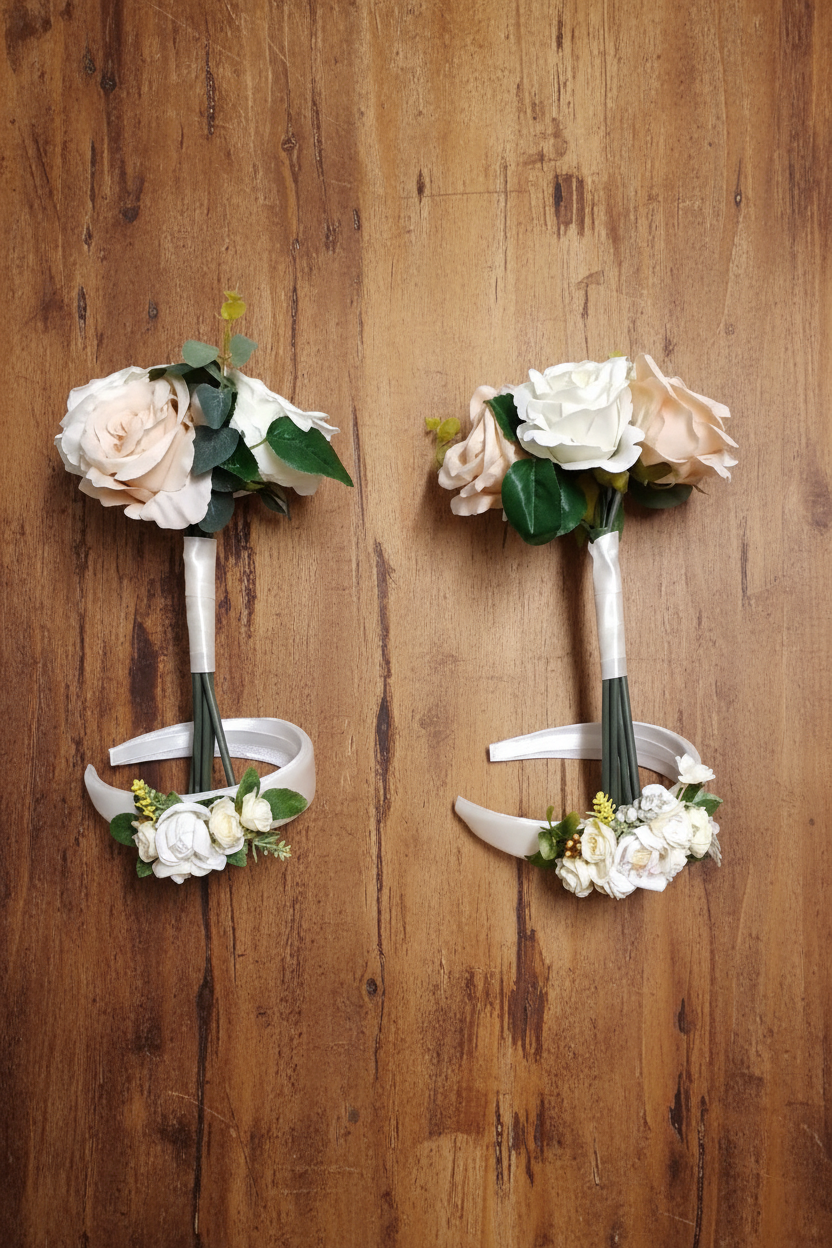 Posies and flower crowns on wood