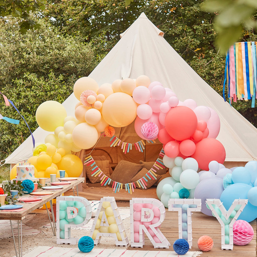 Luxe Bright Balloon Arch with Paper Honeycombs