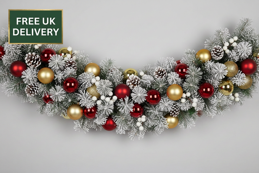 Red and gold garland with delivery badge