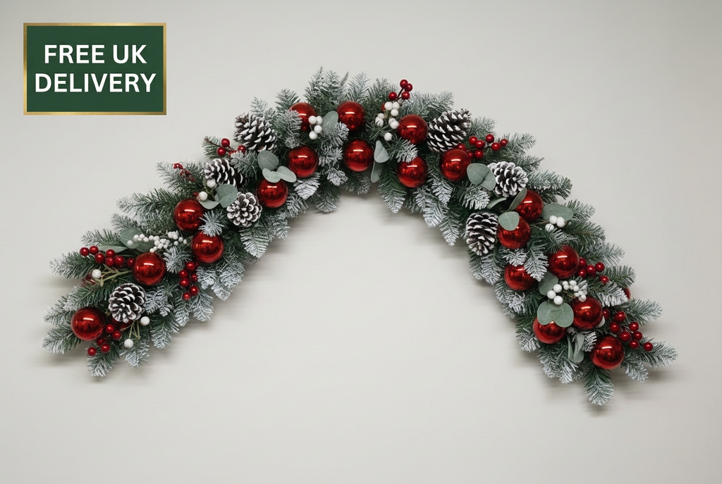 Red and white swag garland with delivery badge