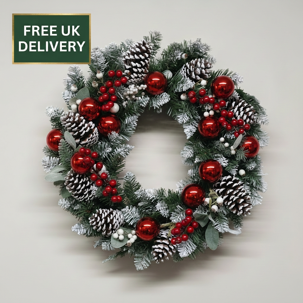 Red baubles and berries wreath with badge
