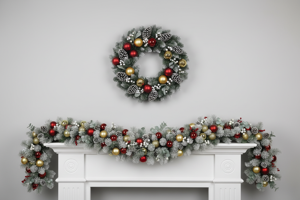 Red & Gold Wreath & Garland Mantelpiece Scene