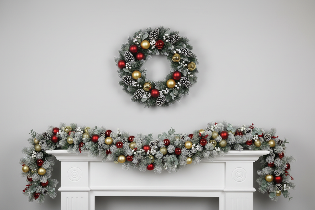 Red & Gold Wreath & Garland Mantelpiece Scene