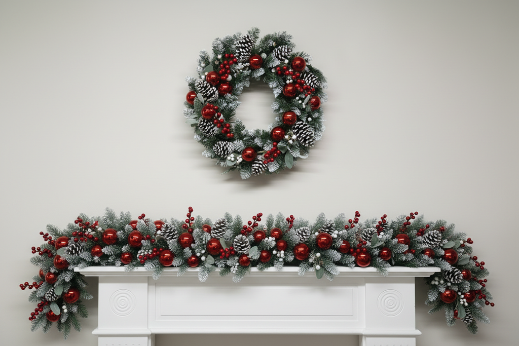 Red & White Wreath & Garland Mantelpiece Scene