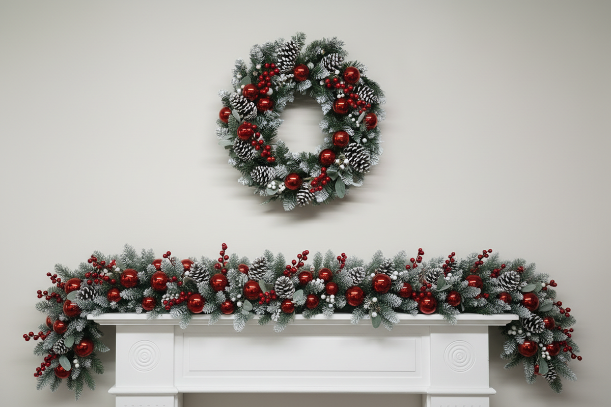 Red & White Wreath & Garland Mantelpiece Scene
