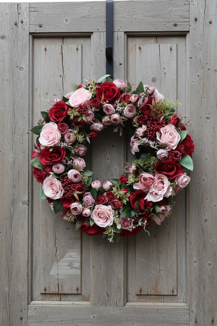Rose wreath on rustic door