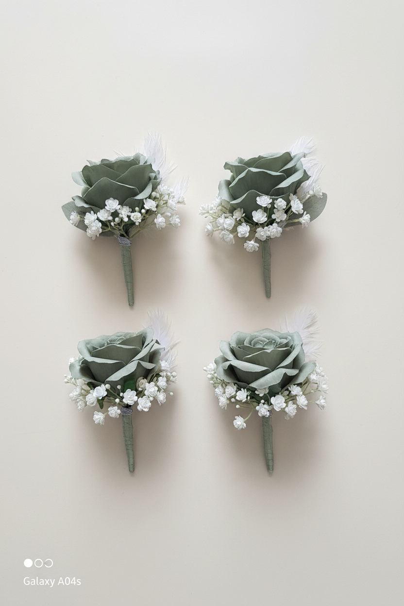 Sage green buttonholes - ivory background