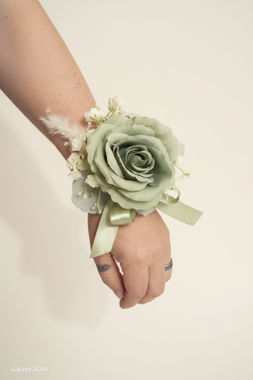 Sage green wrist corsage - ivory background
